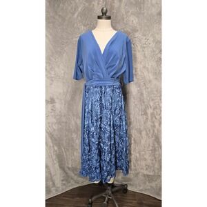 Alex Evening Blue Lace Floral Rosette Midi Dress Sz 18 Wedding Cocktail Romantic